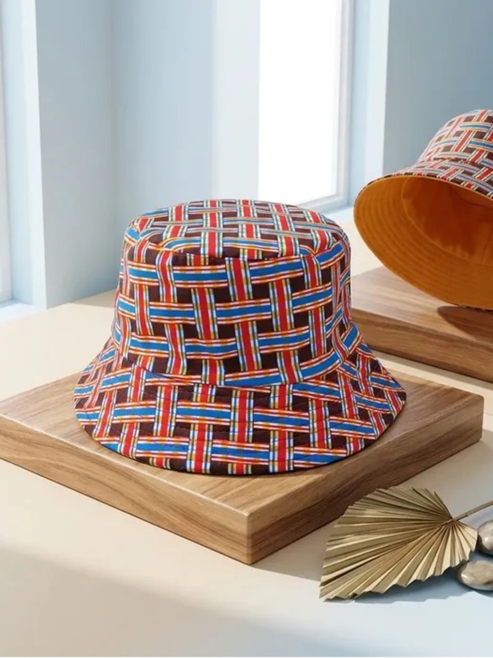 Women's Multicolor Plaid Bucket Hat with Orange Interior - Picture 3 of 3